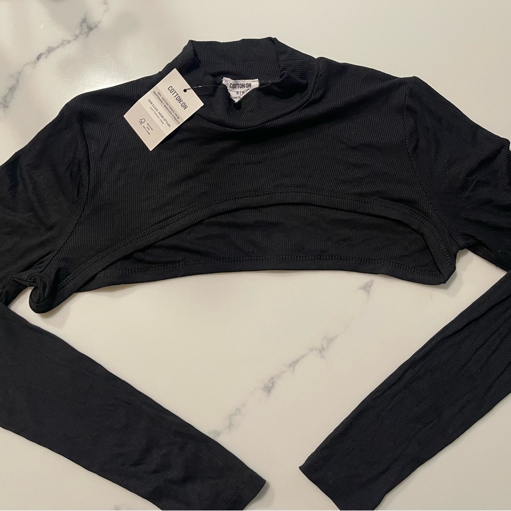 Cotton On Black Ribbed High-Neck Crop Top with Cutout